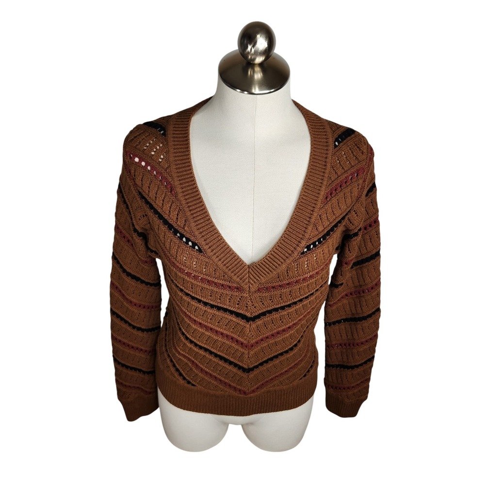 Evereve Sawyer Chevron Pullover‎ Knit Sweater V-Neck Brown Women's Small